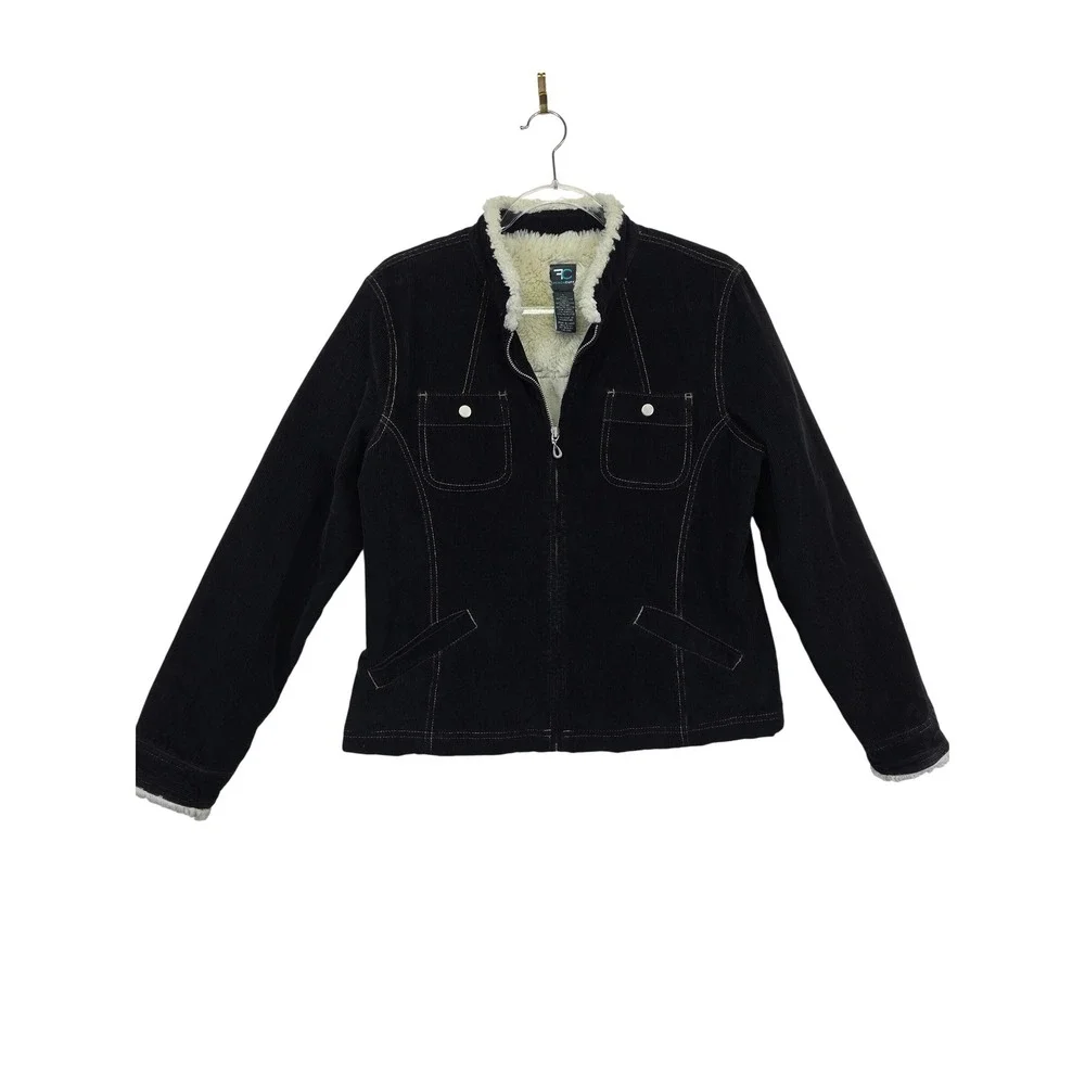 Y2K French Cuff Corduroy Jacket‎ Womens L Black Sherpa Lined Grunge Cozy Fall